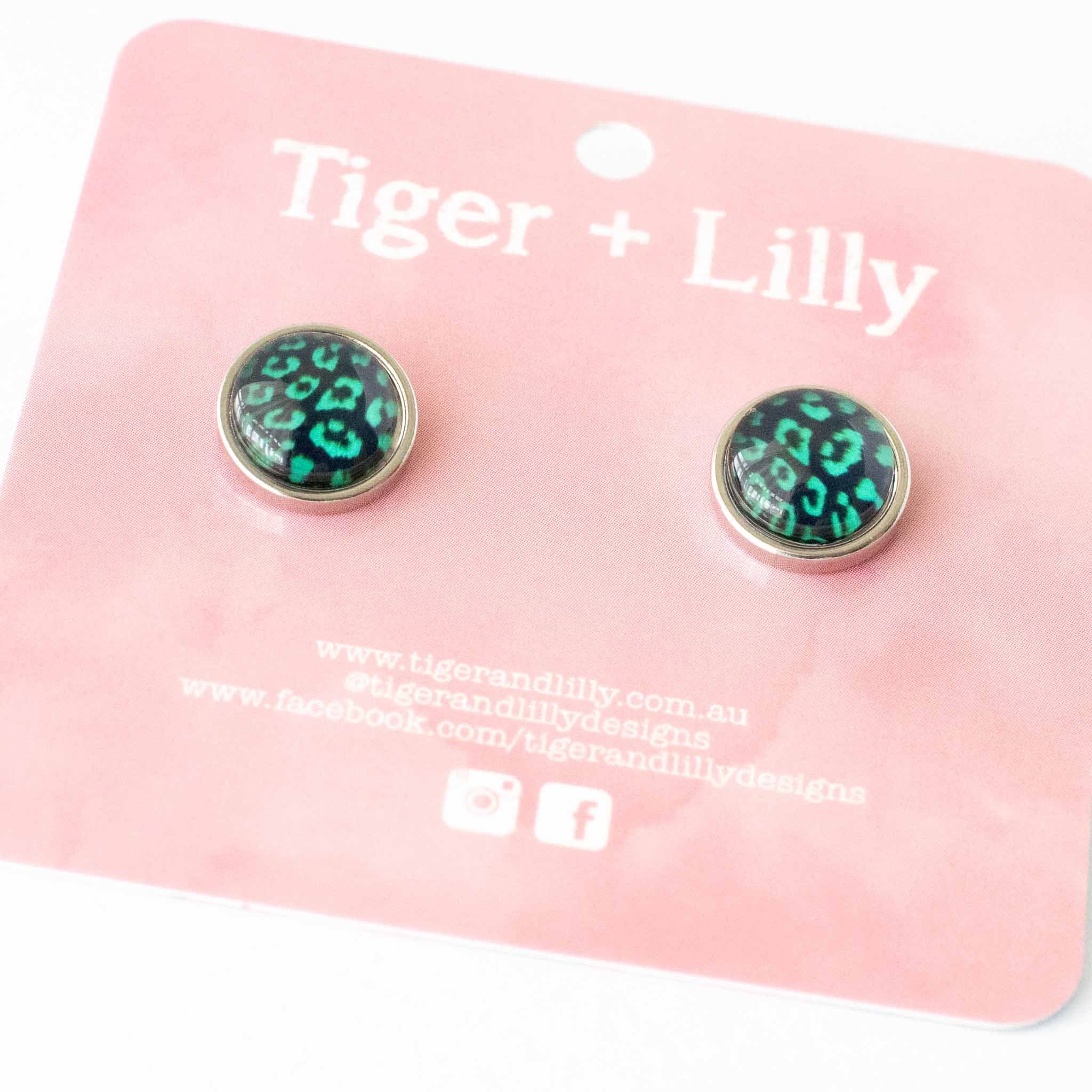 Tiger + Lilly - Green Leopard - Silver Studs